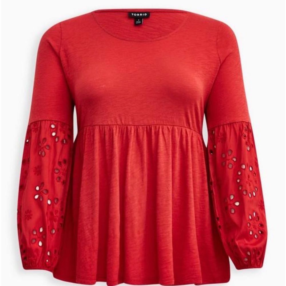 Cotton Modal Slub Scoop Neck Eyelet Sleeve Inset Babydoll Top Women’s Plus Sz 0